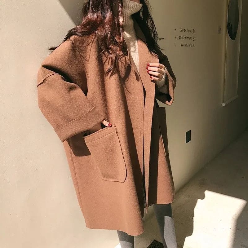 Megan Long Oversize Coat Woman – Wool Coat with Belt & Elegant Double Breasted