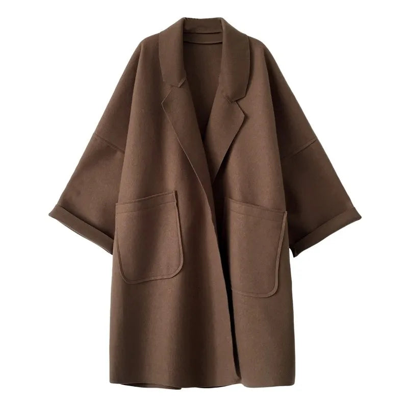 Megan Long Oversize Coat Woman – Wool Coat with Belt & Elegant Double Breasted