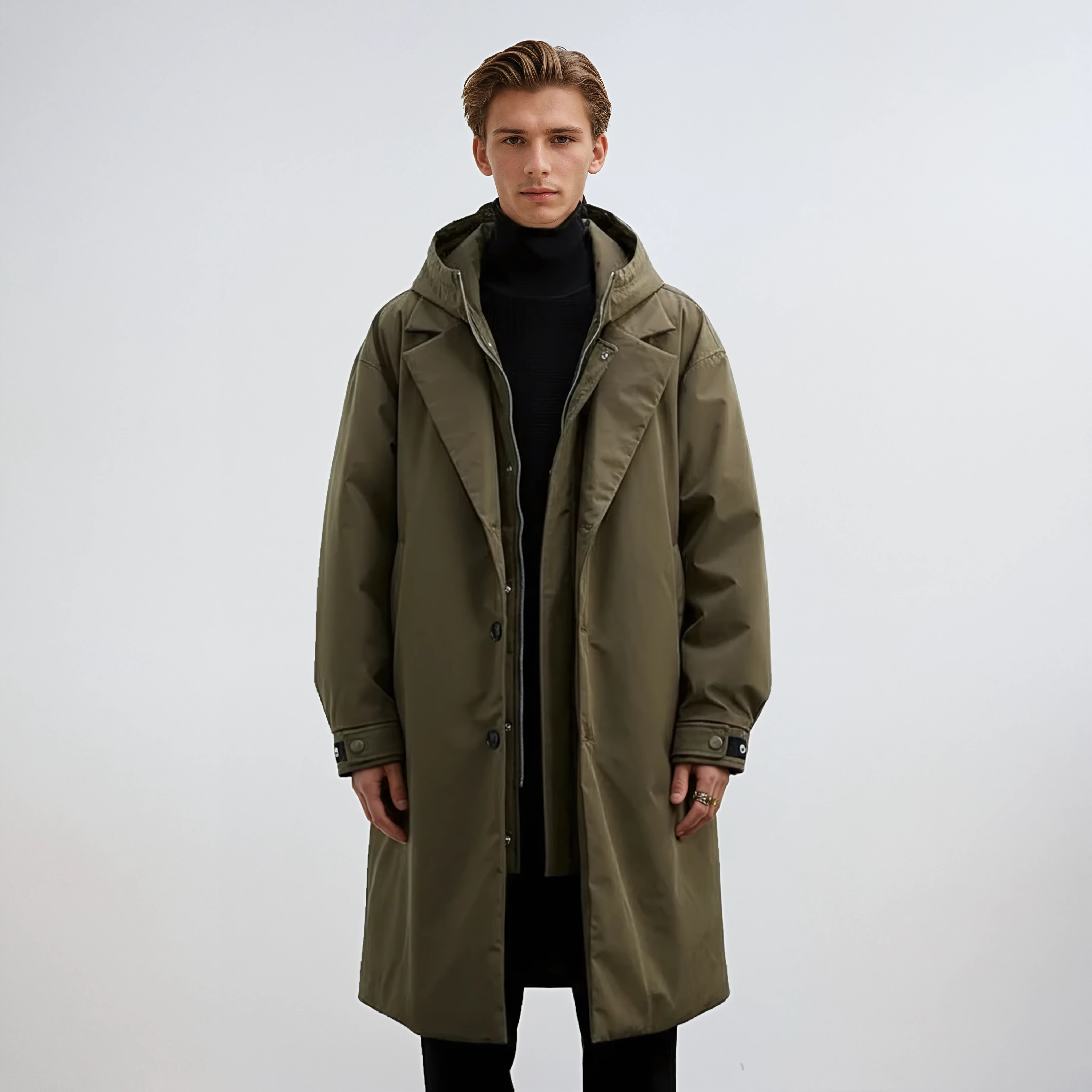 Kennington Men's Hooded Trench Coat – Elegant Long Coat with Zip and Button Closure