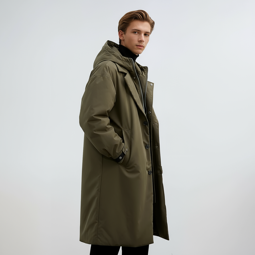 Kennington Men's Hooded Trench Coat – Elegant Long Coat with Zip and Button Closure