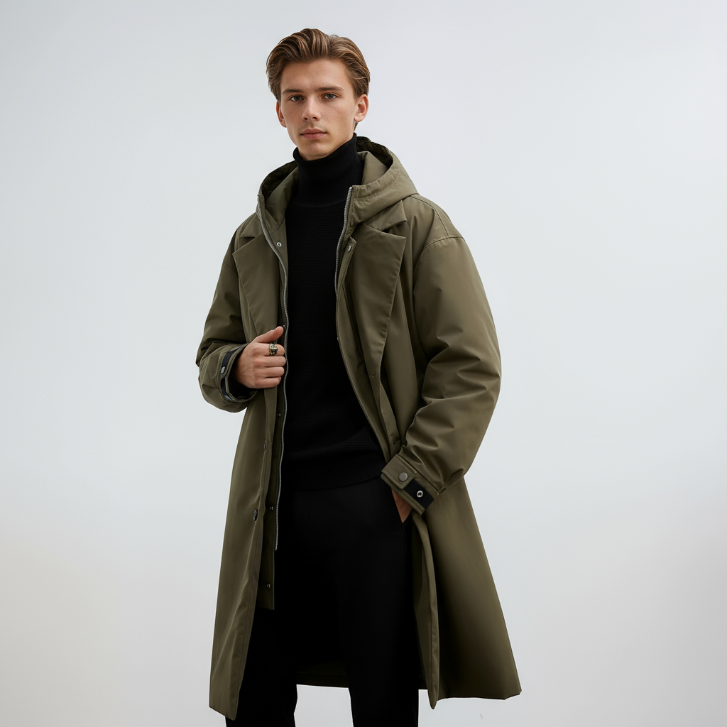 Kennington Men's Hooded Trench Coat – Elegant Long Coat with Zip and Button Closure