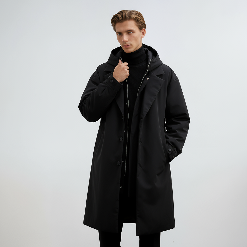 Kennington Men's Hooded Trench Coat – Elegant Long Coat with Zip and Button Closure