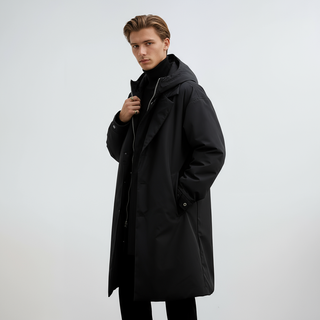 Kennington Men's Hooded Trench Coat – Elegant Long Coat with Zip and Button Closure