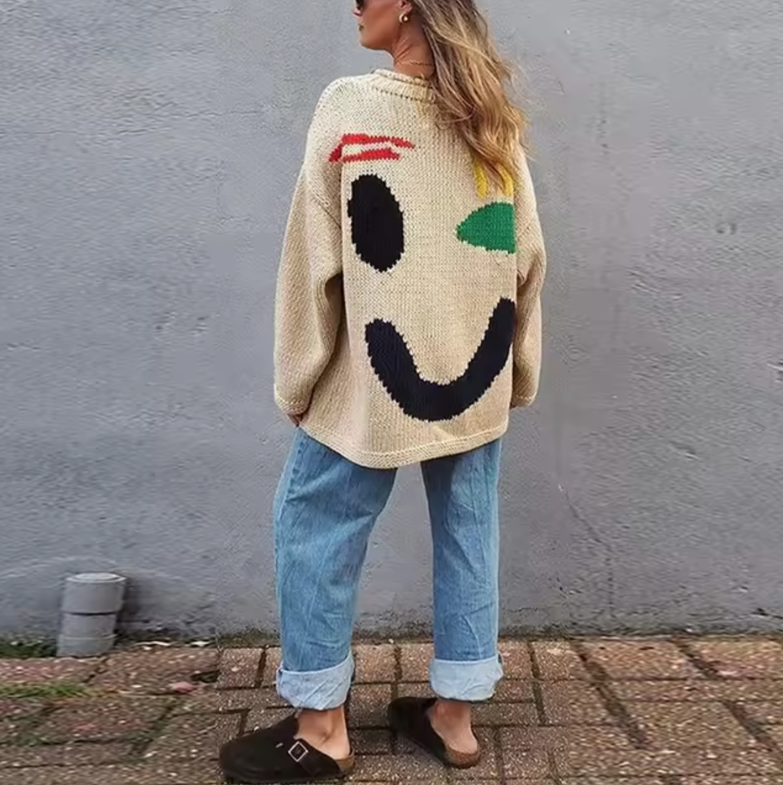 Fay Oversize Bohemian Women's Sweater – Soft Cotton Sweatshirt with Trendy Smile Pattern