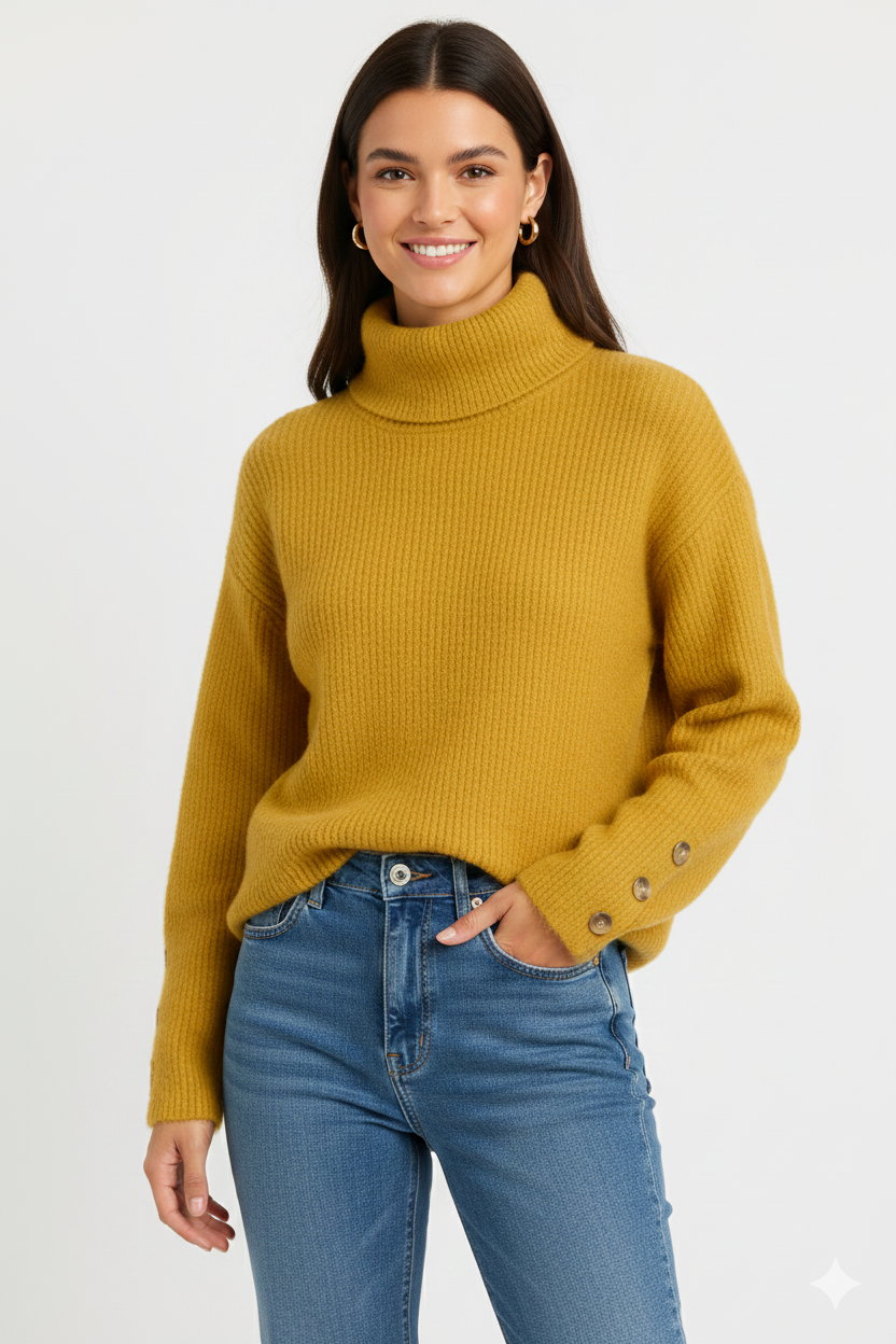 Eliana Turtleneck Sweater for Women – Elegant High Neck Sweater with Button Details and Timeless Fit