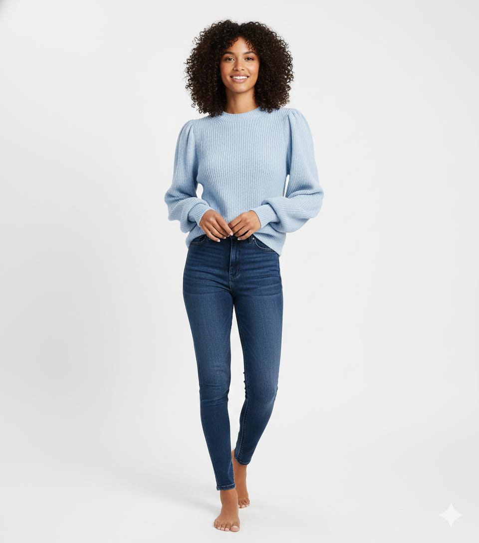 Amely Women's Ribbed Knit Sweater – Elegant Sweater with Puff Sleeves and Round Neck