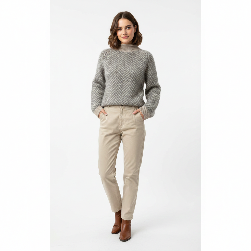 Ailley Women's Turtleneck Sweater – Gray & Cream Chevron Pattern in Soft Knit Casual Fit