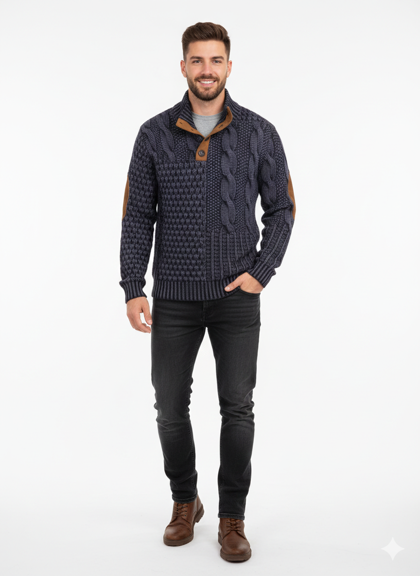 Aaron Pull Men Patchwork – High Collar with Buttons & Suede Details Regular Fit