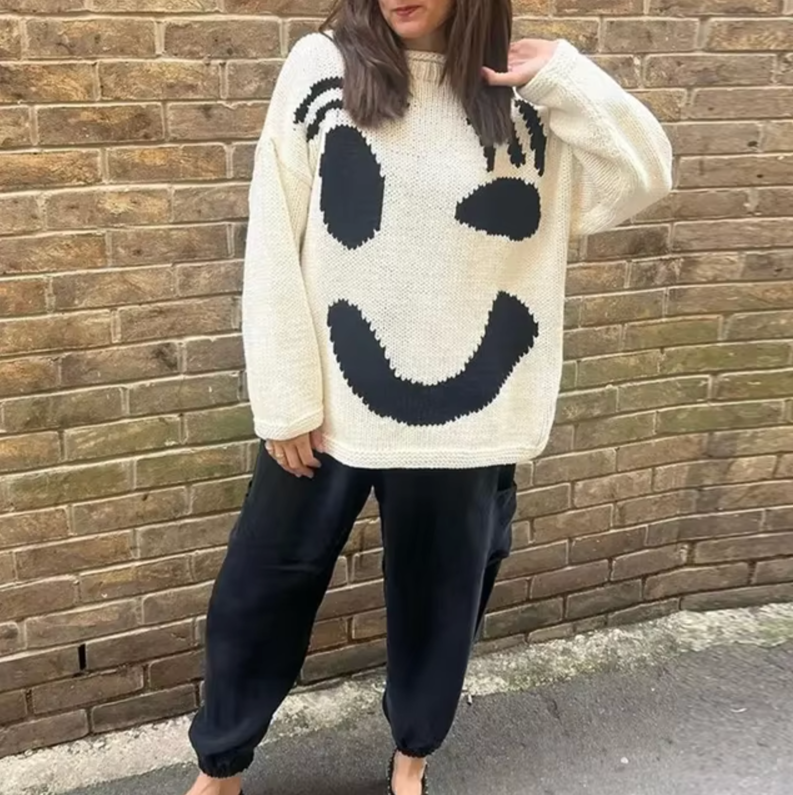 Fay Oversize Bohemian Women's Sweater – Soft Cotton Sweatshirt with Trendy Smile Pattern
