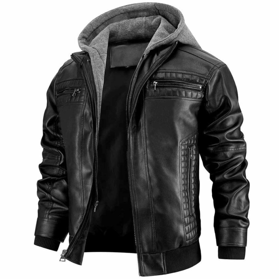 Jace Men's Leather Jacket – Retro Motorcycle Style with Hood & Zipper Closure