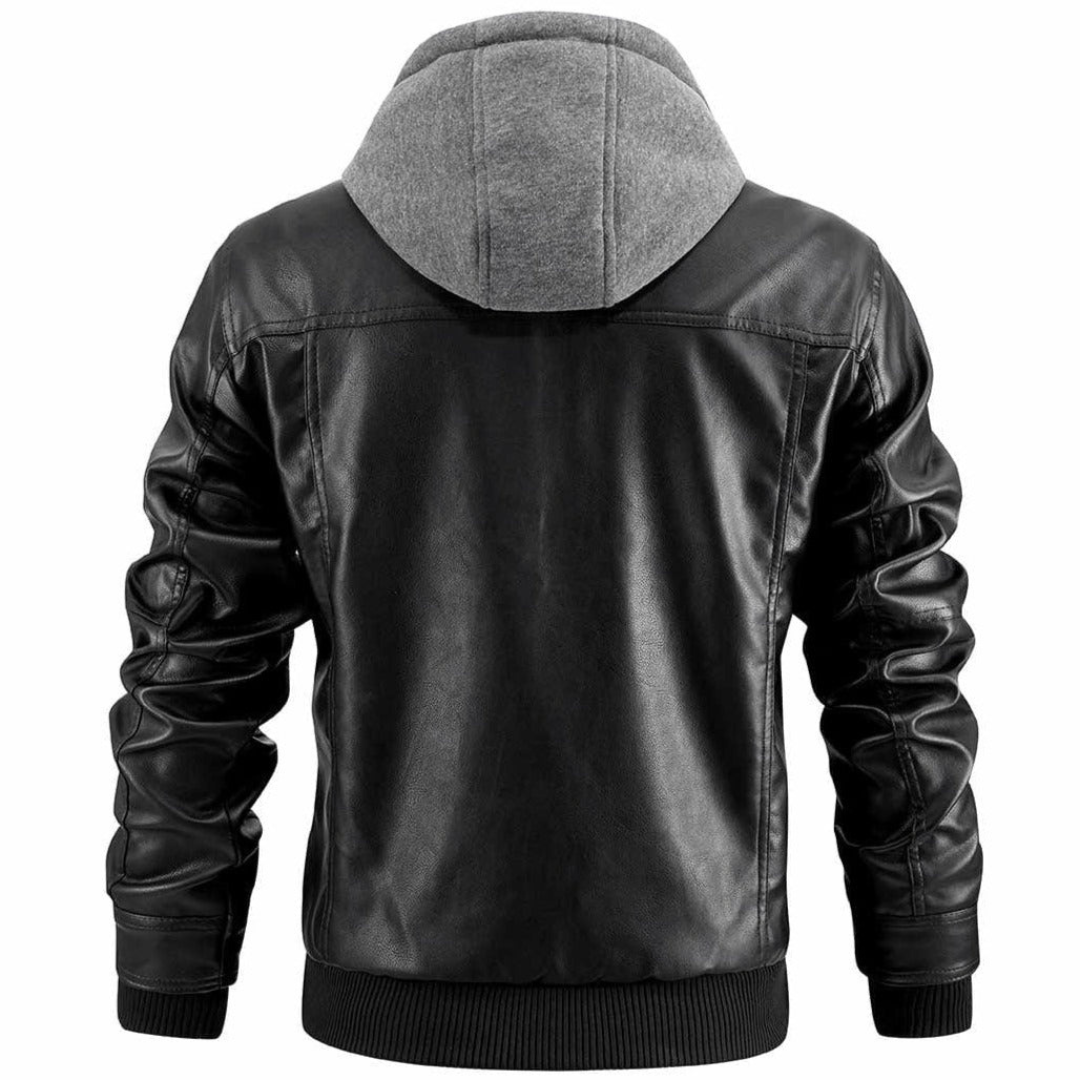Jace Men's Leather Jacket – Retro Motorcycle Style with Hood & Zipper Closure